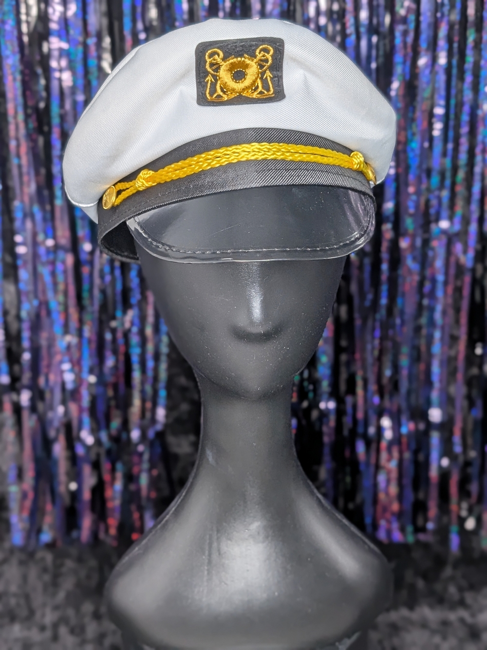 White and Black Captain Hat with Gold Braid